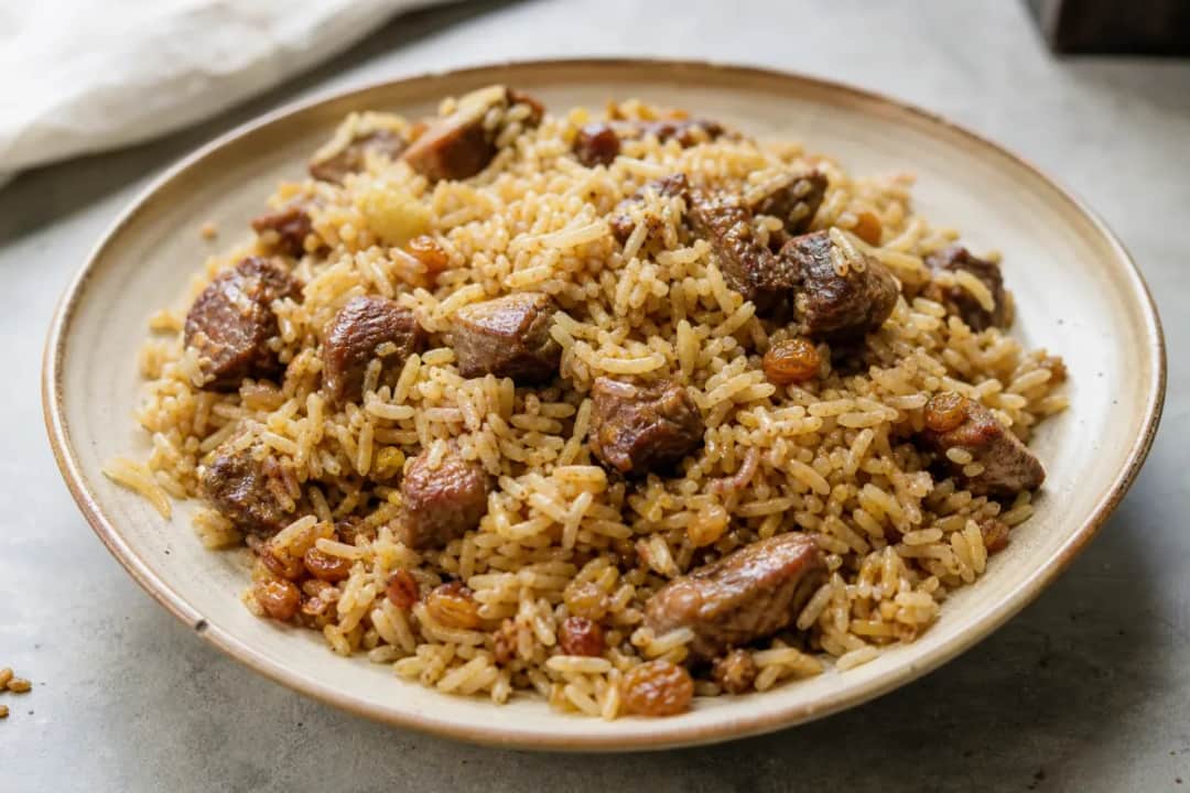 Plated Libyan rice with tender lamb pieces, raisins, and warm spices, garnished with fresh herbs.