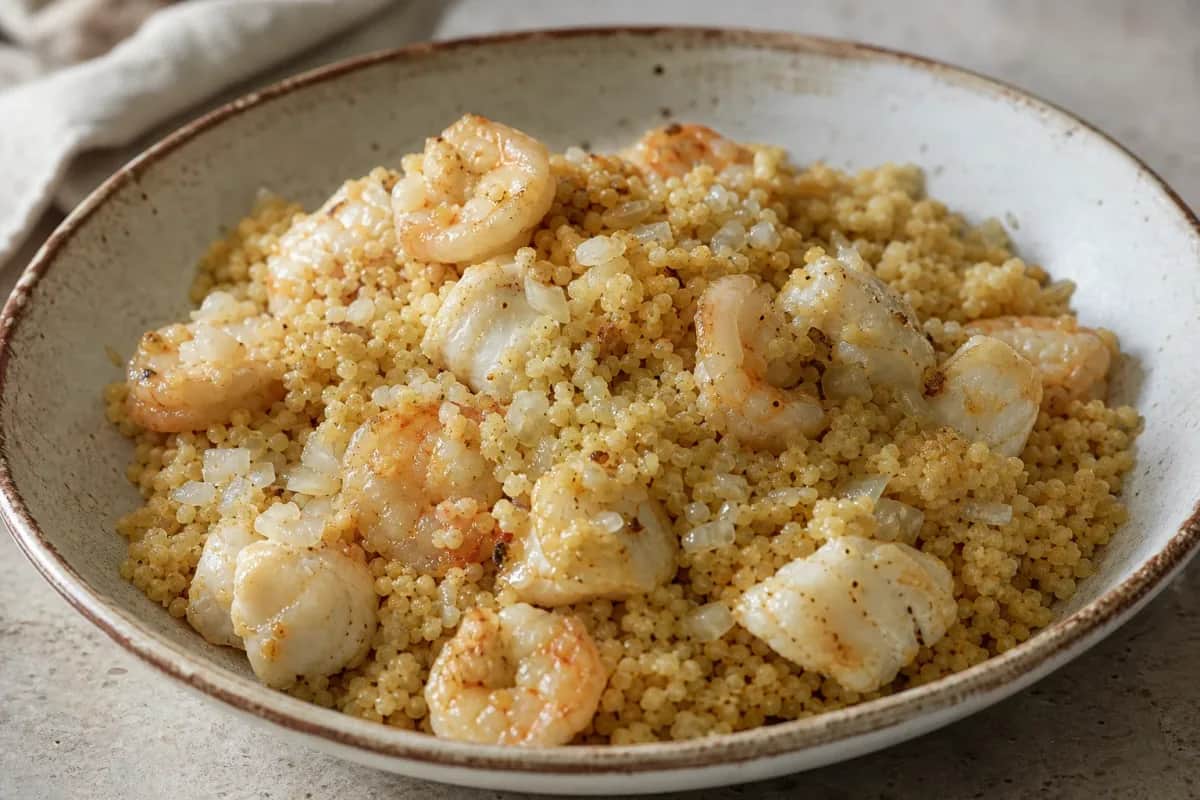 A vibrant bowl of seafood couscous featuring shrimp, fish, and fresh vegetables, garnished with parsley.