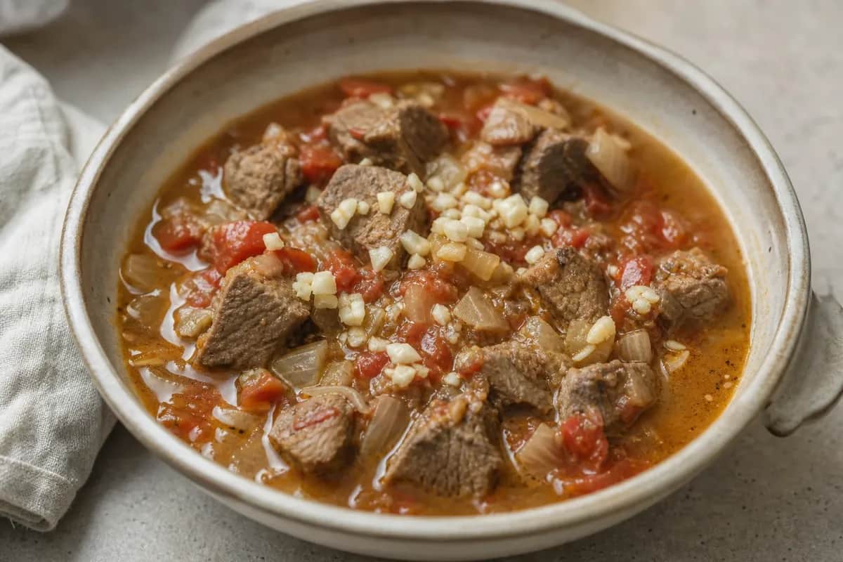 A bowl of Libyan shorba filled with tender lamb, ripe tomatoes, and aromatic spices, garnished with fresh herbs.