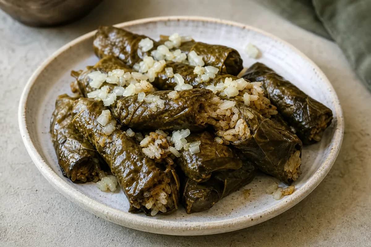 Plated grape leaves, filled with rice and spices, garnished with lemon slices.
