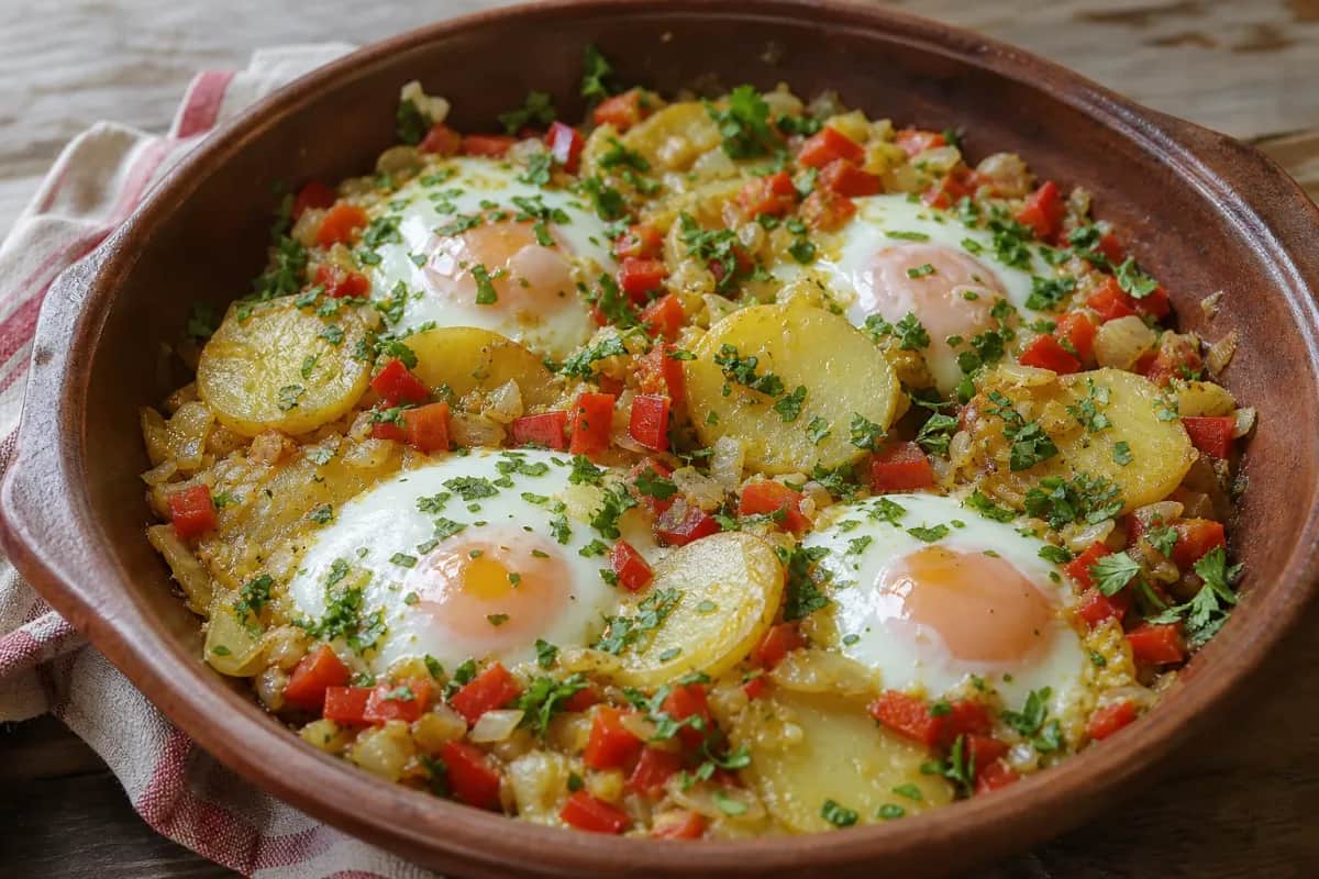 A beautifully plated Libyan Tajine with eggs set atop golden potatoes and garnished with herbs.