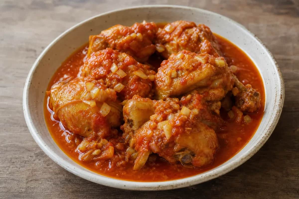 Tender chicken pieces in a rich, spicy tomato sauce garnished with herbs and served on a plate.