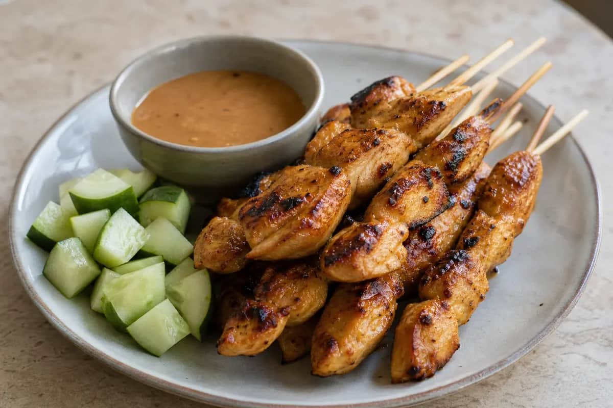 Tender chicken satay skewers with a creamy peanut sauce, garnished with cucumber slices.