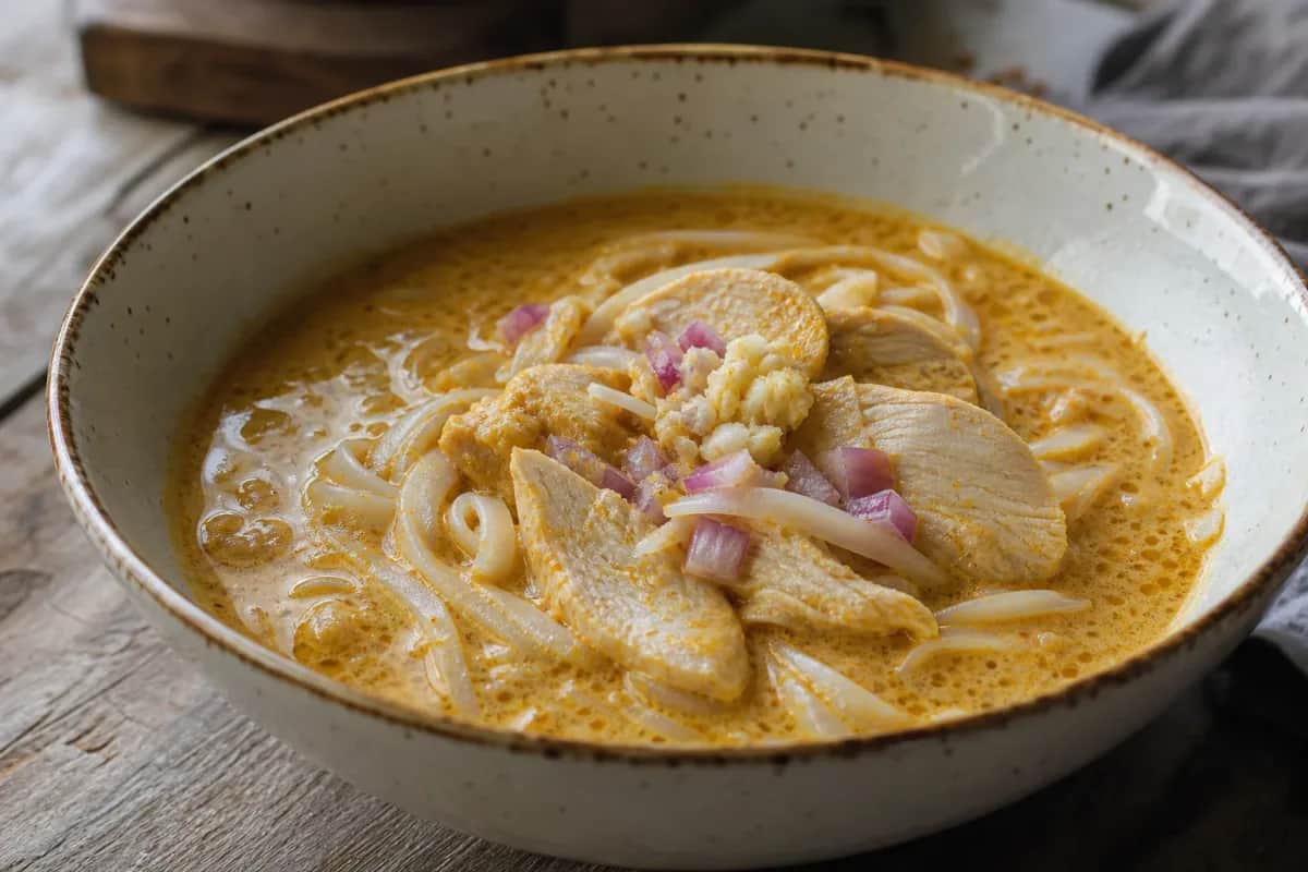 A vibrant bowl of Malaysian curry laksa topped with herbs and noodles in a creamy coconut broth.