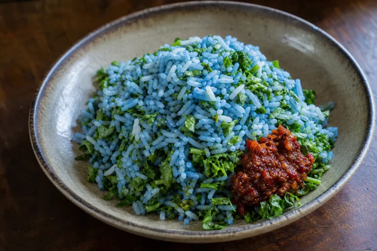 Malaysian Nasi Kerabu with Blue Rice, Herbs and Sambal
