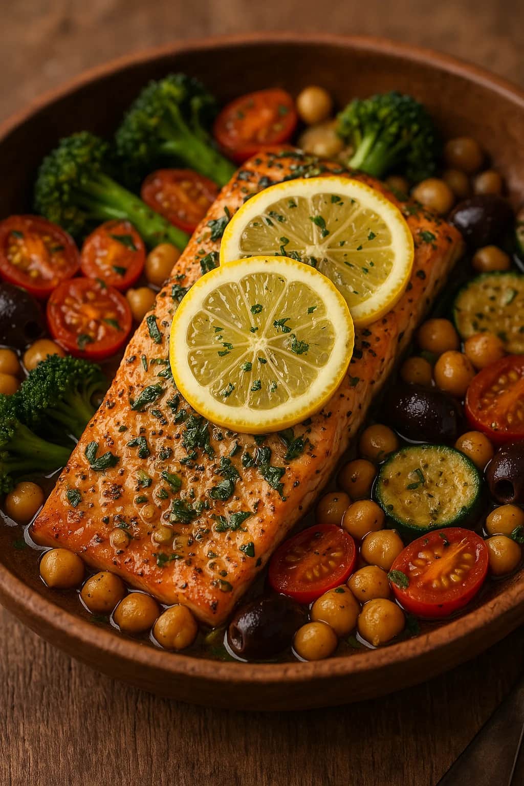 Close-up of Mediterranean One-Pan Lemon Herb Salmon Recipe, plated dish with natural food texture (healthy recipe)