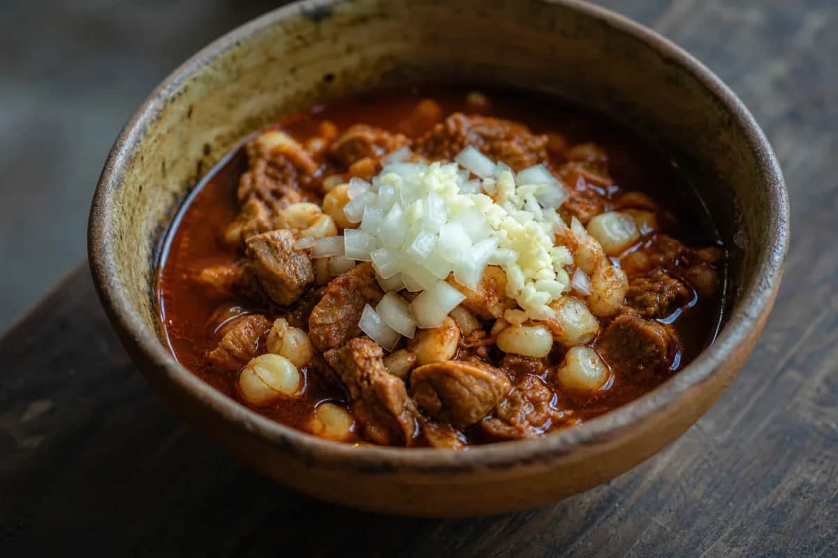 A hearty bowl of pozole rojo garnished with lettuce, radishes, and lime, showcasing tender pork and hominy.
