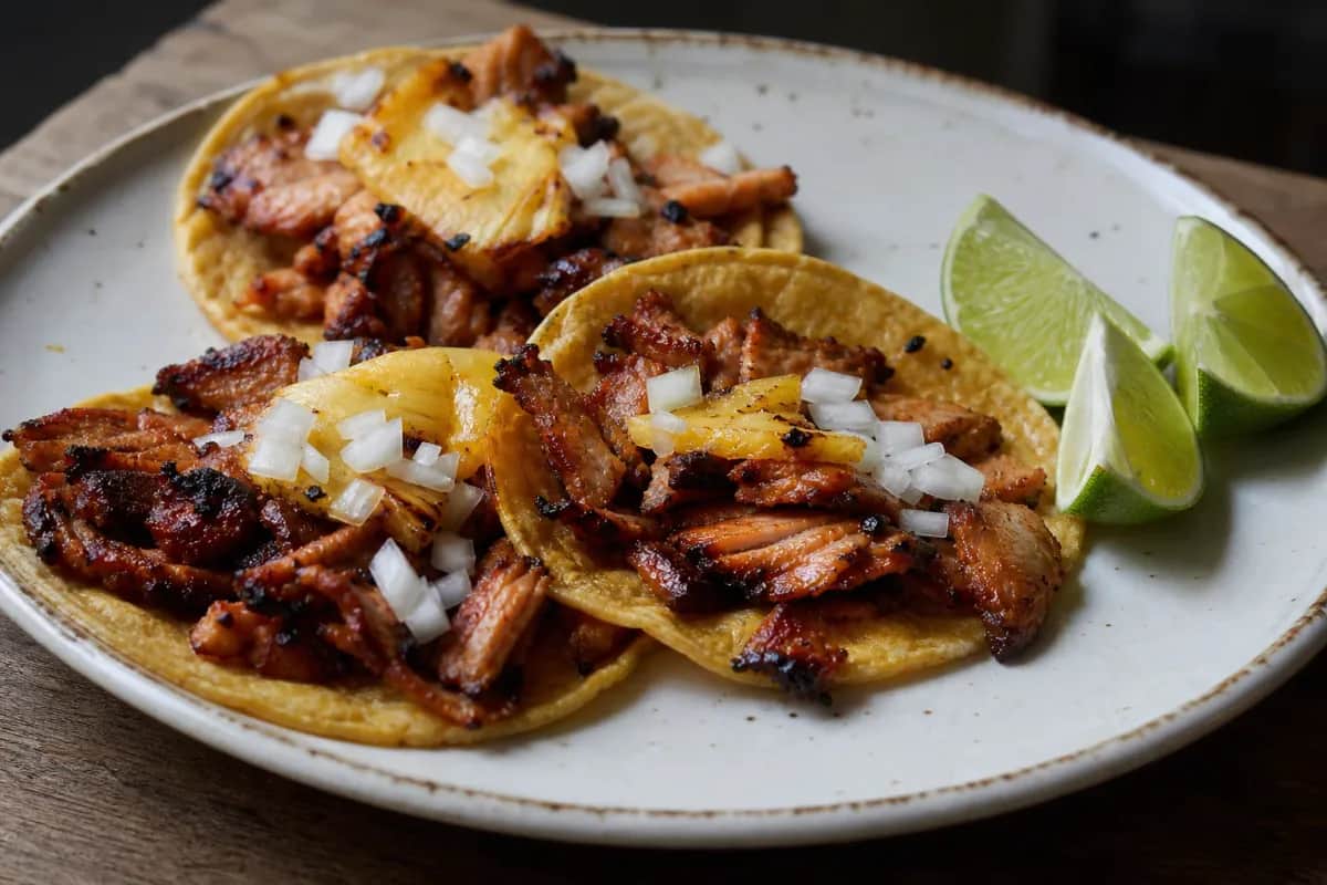 Tacos al Pastor with juicy pork, fresh pineapple, and diced onions served on corn tortillas.