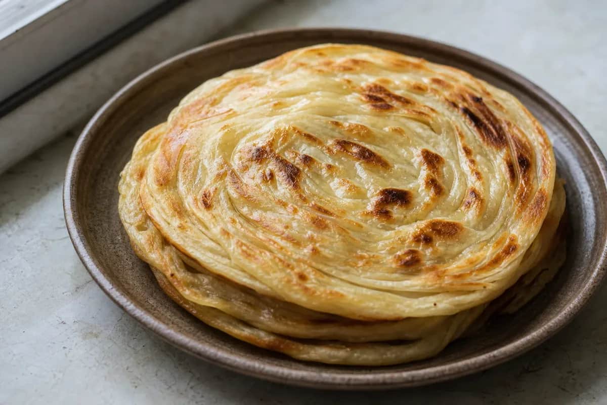 Golden crispy layers of Gambir flatbread served on a plate with a rustic look.