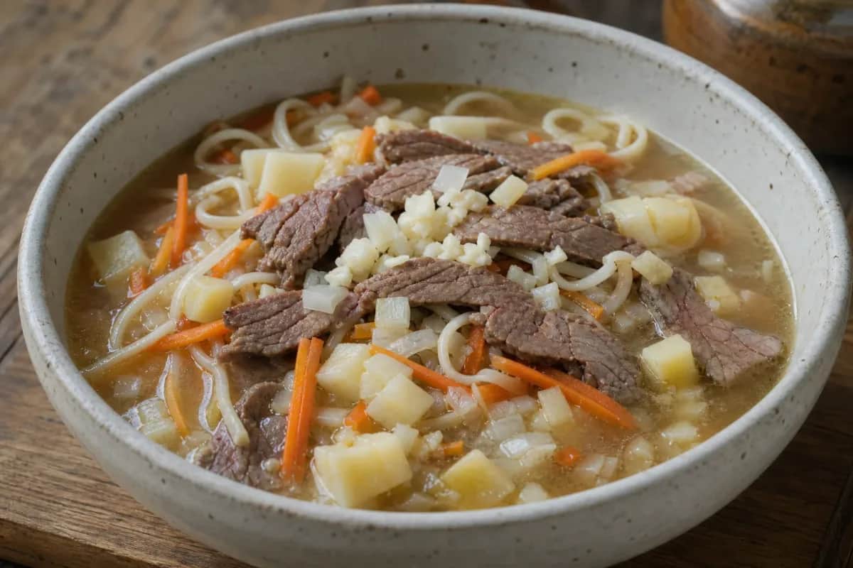 A steaming bowl of Mongolian Guriltai Shul with tender beef slices, soft noodles, and fresh herbs.