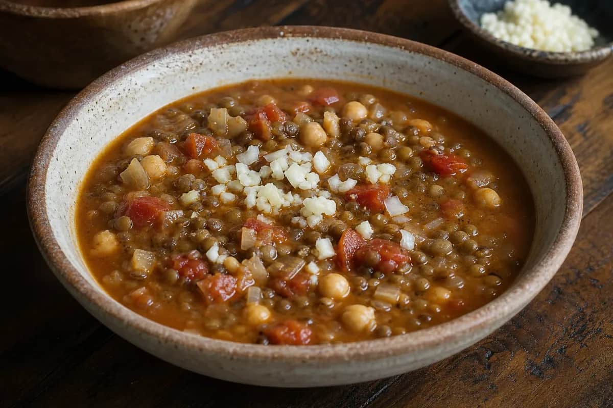 Warm bowl of Moroccan Harira soup with lentils and chickpeas, garnished with herbs.