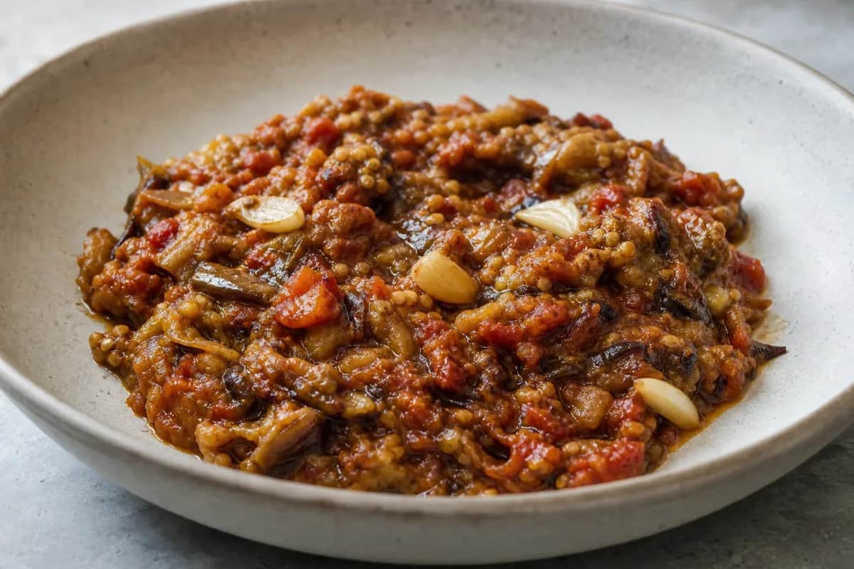 A vibrant Moroccan zaalouk featuring roasted eggplant and tomatoes, garnished with fresh herbs.