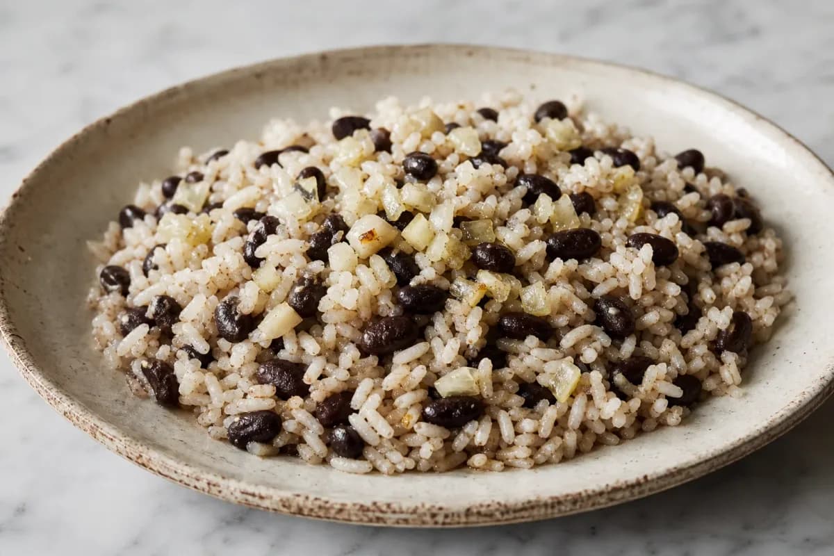 A vibrant plate of Moros y Cristianos featuring fluffy rice, black beans, and garnished with herbs.