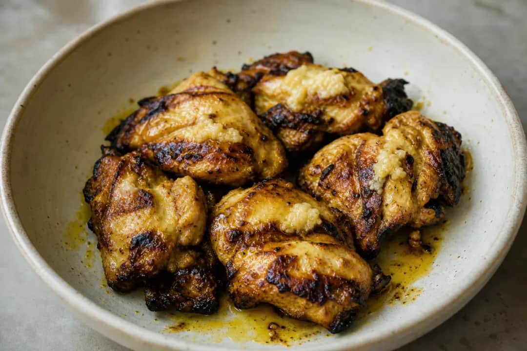 Juicy chicken sekuwa skewers with a rich spice marinade, garnished and served on a platter.