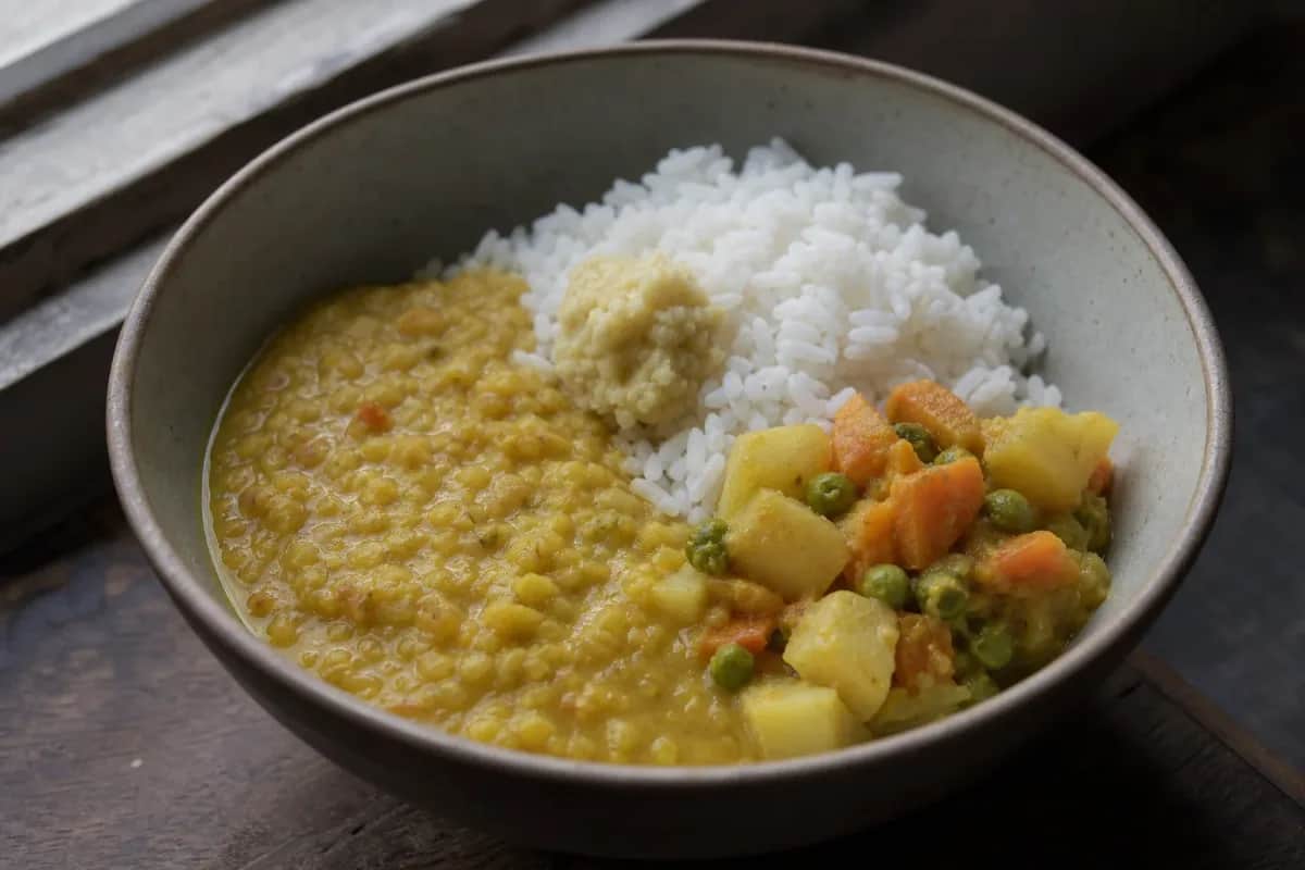 A plate of Nepalese Dal Bhat featuring lentil soup, fluffy rice, and vibrant vegetable tarkari.