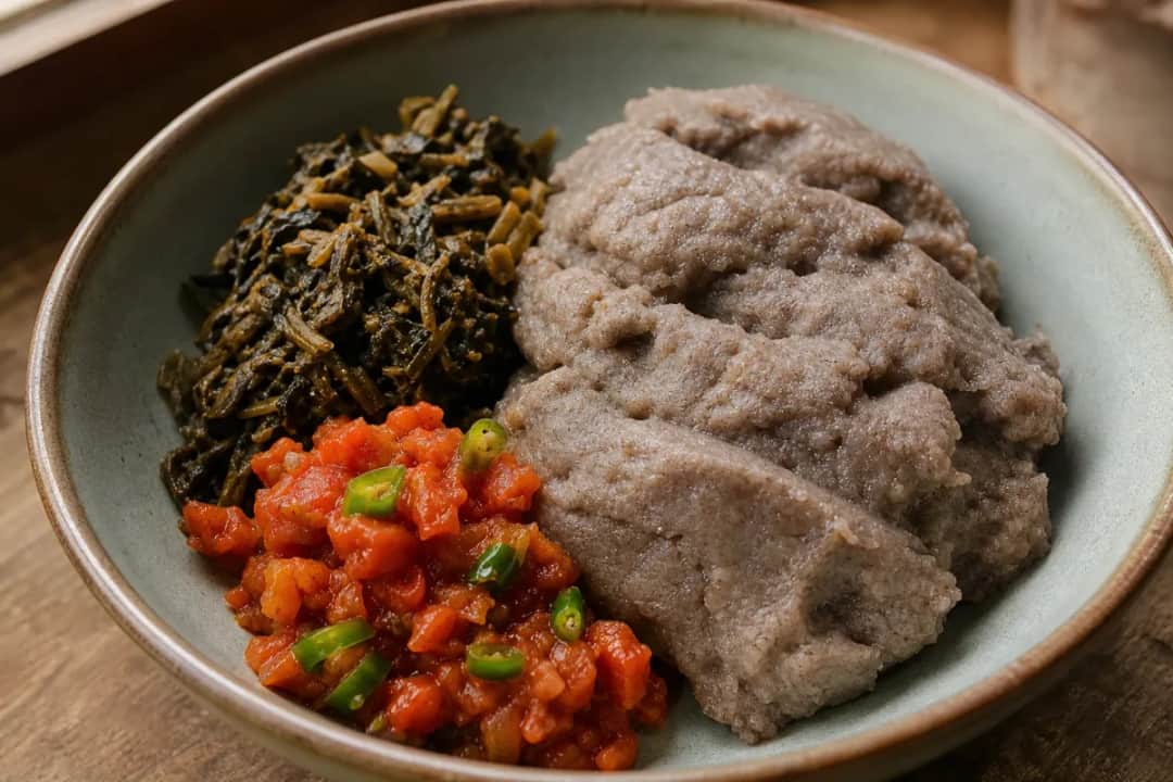Creamy dhido topped with gundruk and vibrant tomato achar, garnished fresh herbs.