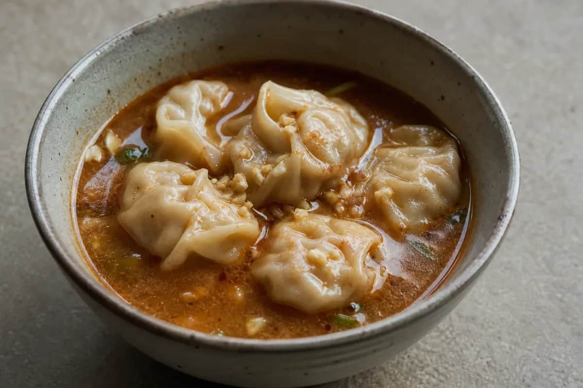 Steamed dumplings in a vibrant red broth, garnished with herbs and sesame seeds.