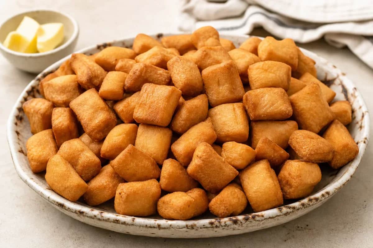 Golden brown Chin Chin pieces on a plate, showcasing a crunchy texture and sweet flavor.