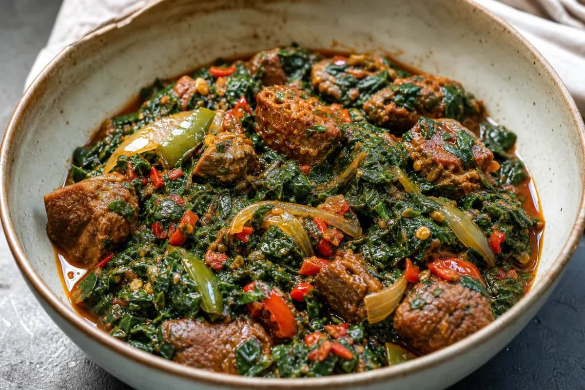 A vibrant bowl of Efo Riro featuring tender spinach, colorful peppers, and assorted meats, served steaming hot.