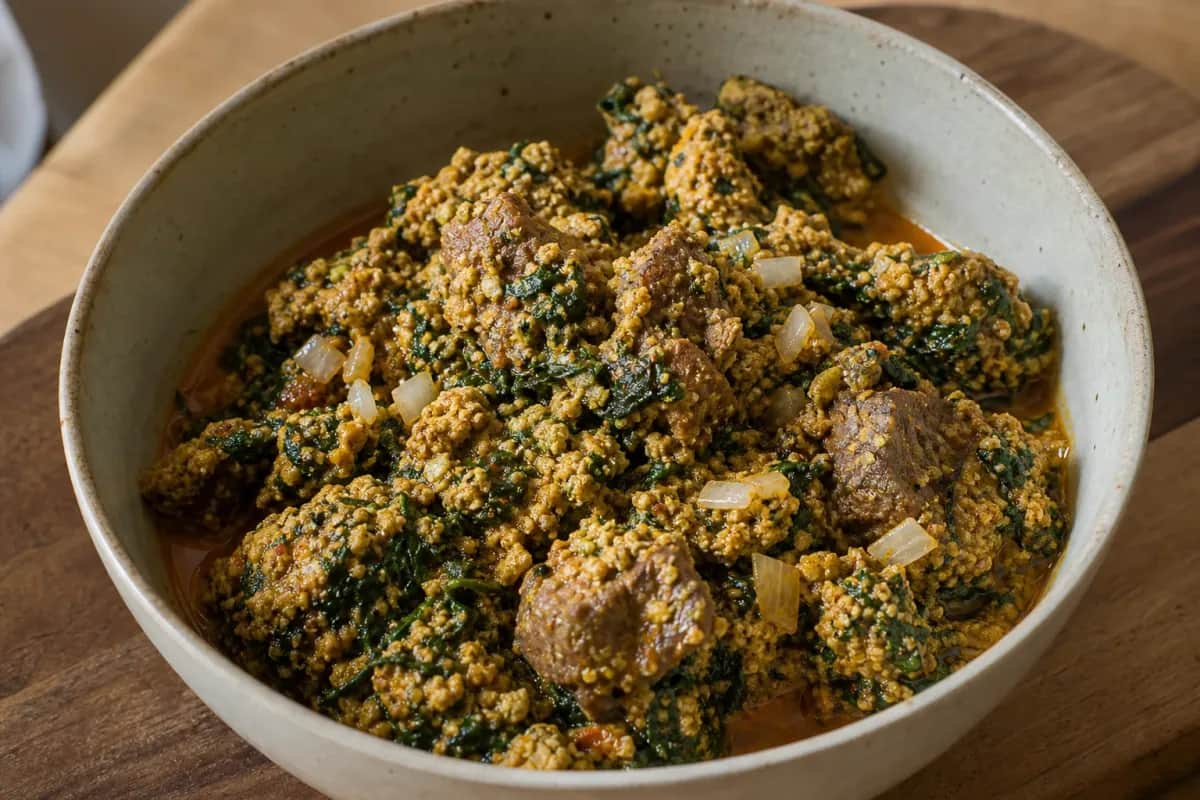 Thick egusi soup with pieces of beef and vibrant spinach, served in a bowl.