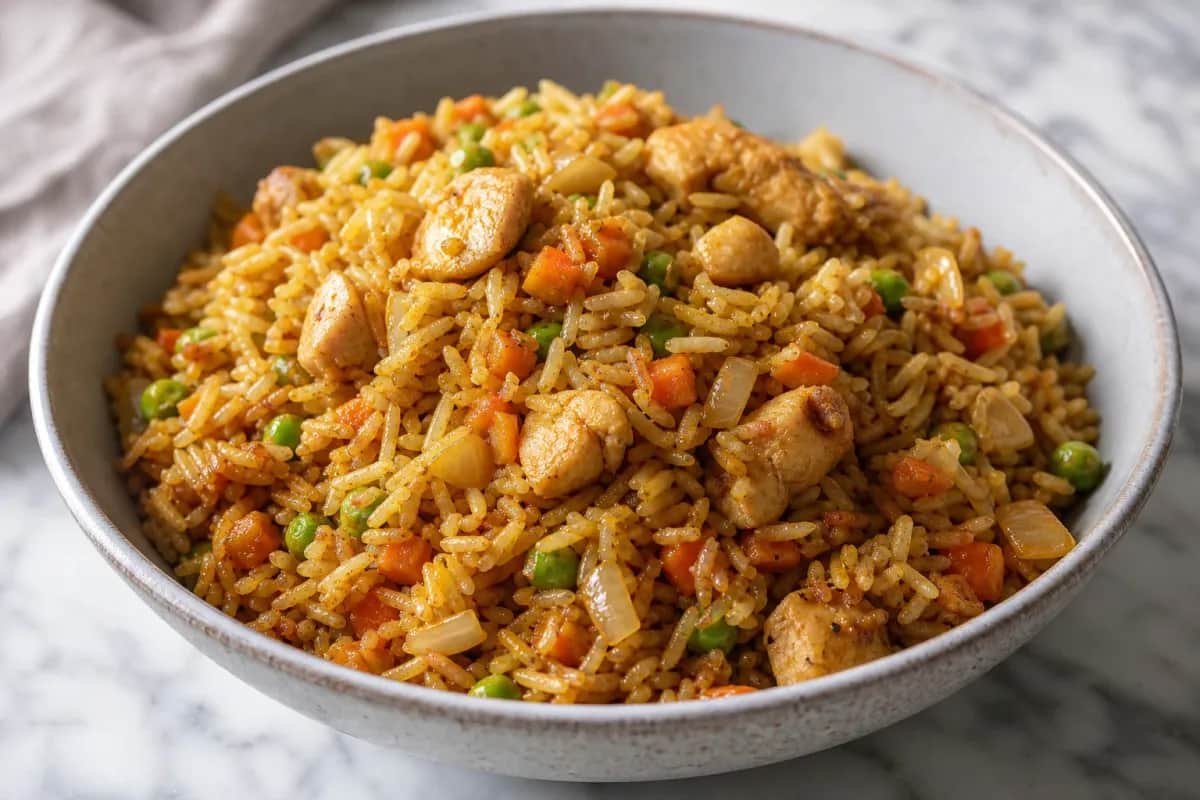 Colorful plate of Nigerian fried rice with chicken, peas, and carrots garnished with fresh herbs.