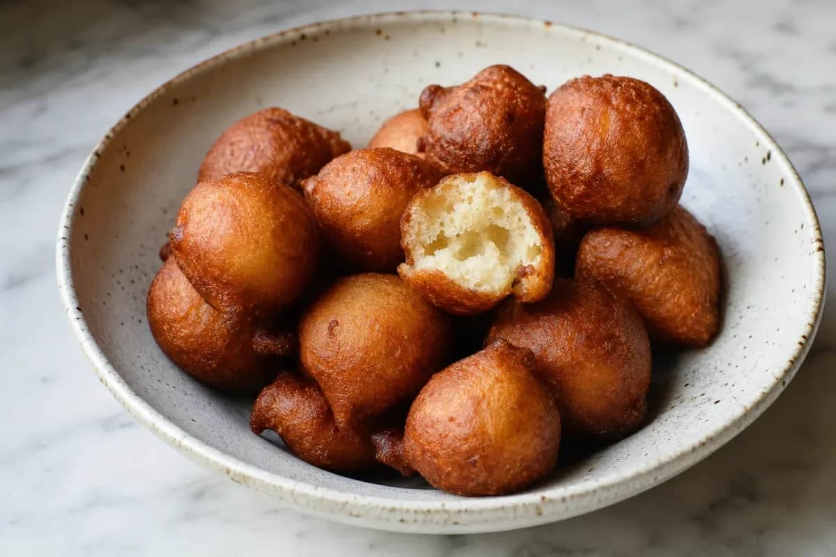 Golden brown Nigerian puff puff with a crisp exterior and soft center, served on a plate.