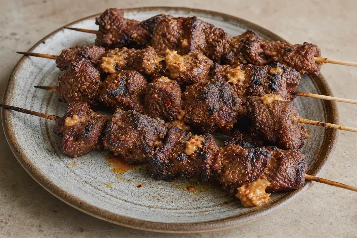 Grilled beef skewers coated in spicy peanut rub, garnished with vegetables.