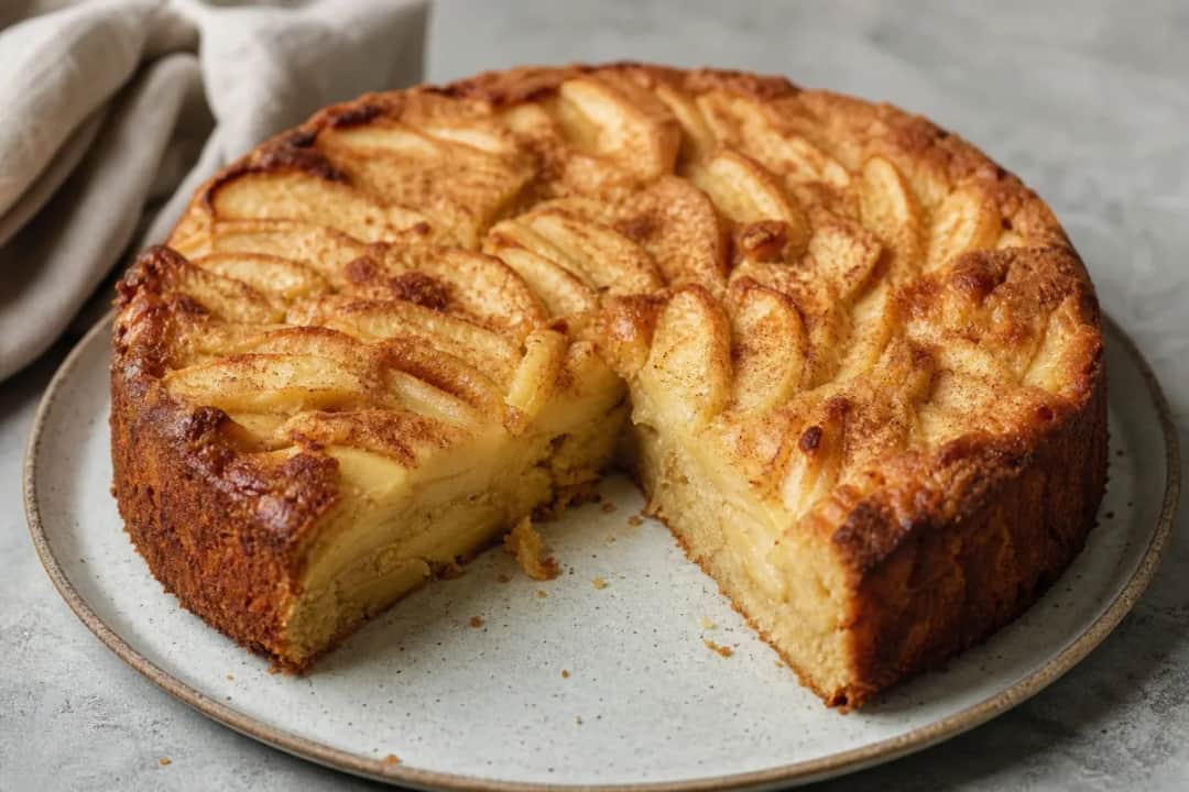 Slice of apple cake topped with almonds and cinnamon, showcasing moist texture and golden crust.