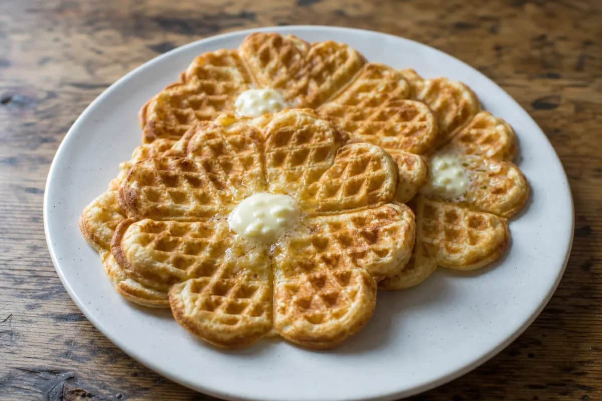 Golden-brown heart-shaped waffles topped with sour cream and vibrant berry jam, garnished with fresh berries.