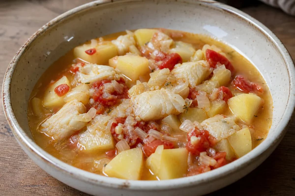 Hearty Norwegian stockfish stew with tender potatoes and vibrant tomatoes, garnished and served in a rustic bowl.