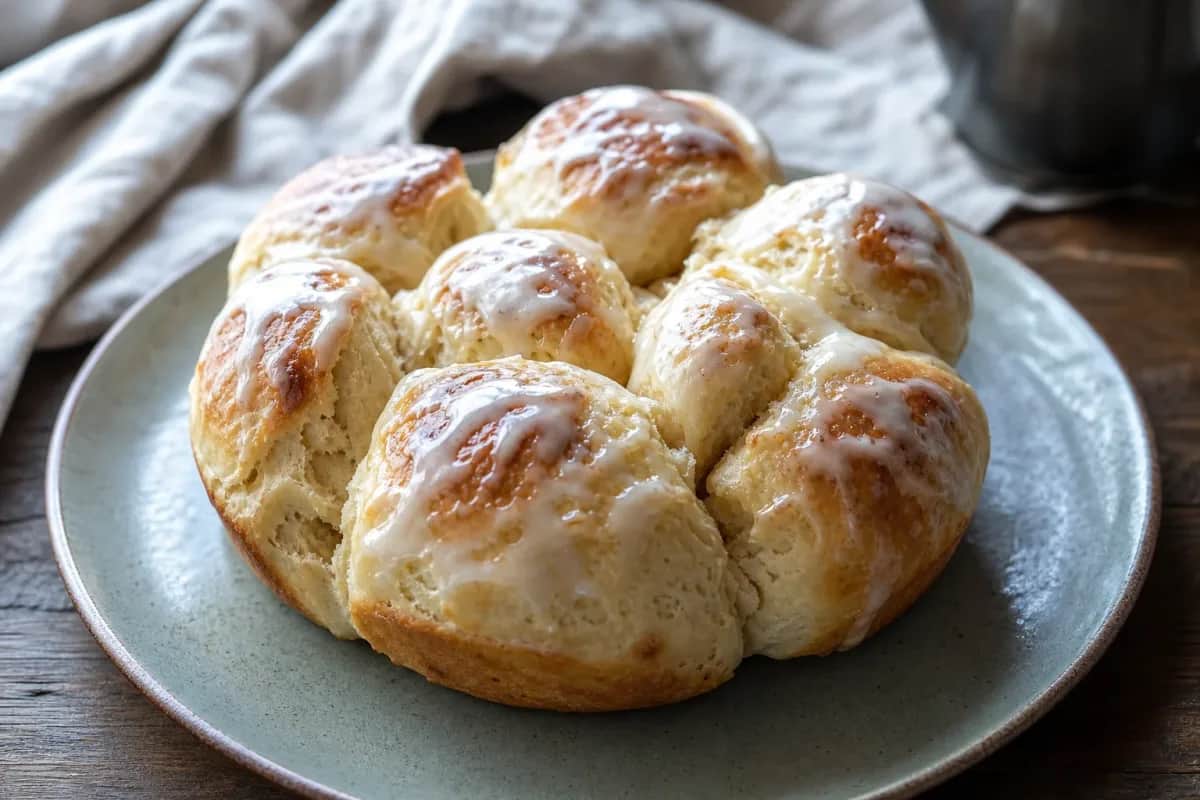 Fluffy, golden-brown sweet buns topped with a shiny sugar glaze and lightly sprinkled with cardamom.