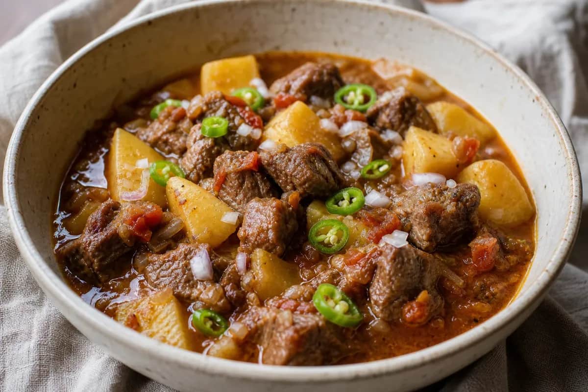 A bowl of Aloo Gosht with tender beef and potatoes, garnished with fresh cilantro.