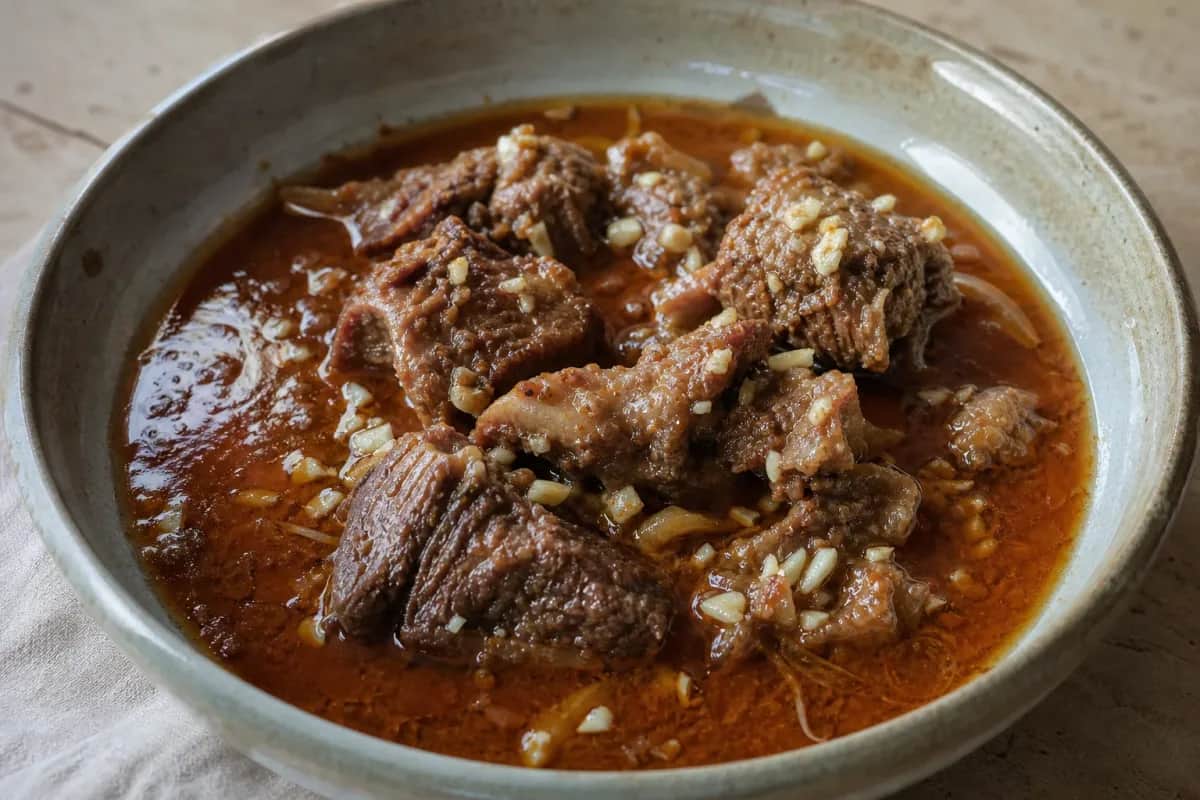 Rich beef nihari with tender meat, garnished with ginger and green chilies in a bowl.