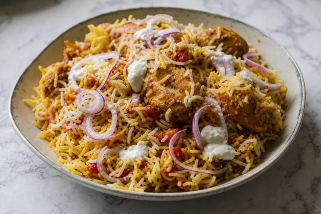 A vibrant plate of chicken biryani garnished with herbs and fried onions, showcasing fluffy rice and tender chicken pieces.