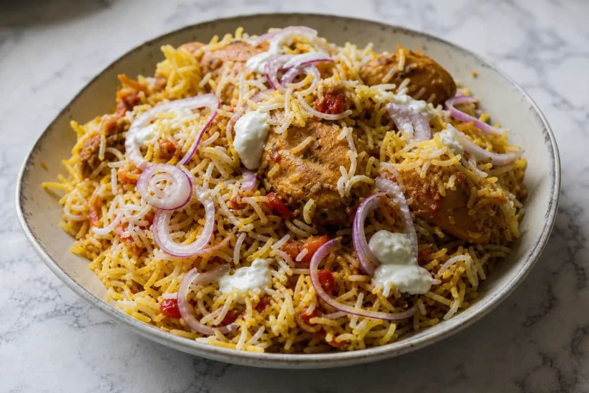 A vibrant plate of chicken biryani garnished with herbs and fried onions, showcasing fluffy rice and tender chicken pieces.