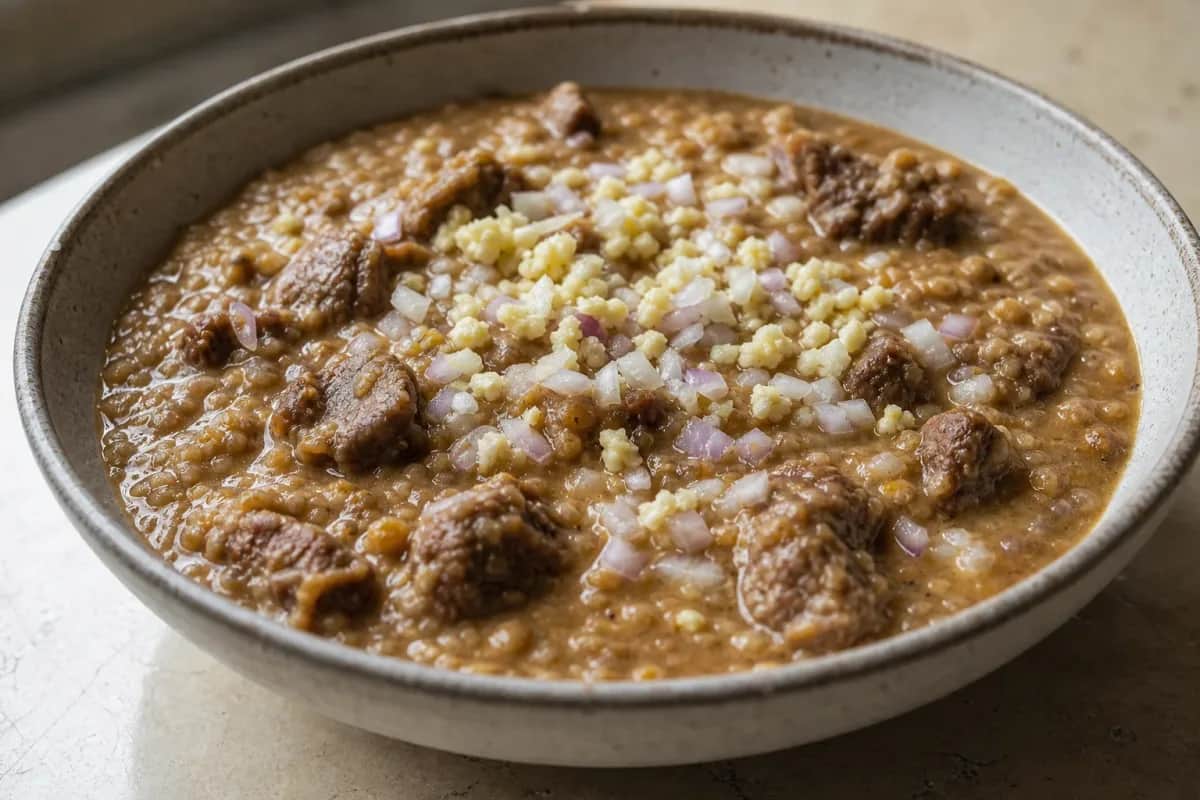 Thick and creamy haleem topped with fried onions, cilantro, and lemon, showcasing beef, lentils, and spices.