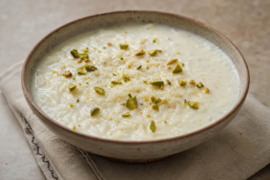 Creamy kheer dessert topped with crushed pistachios and cardamom, served in a bowl.