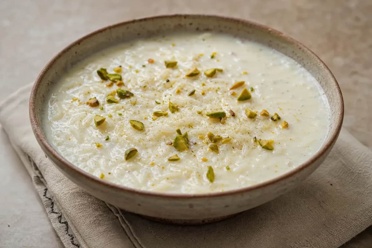 Creamy kheer dessert topped with crushed pistachios and cardamom, served in a bowl.