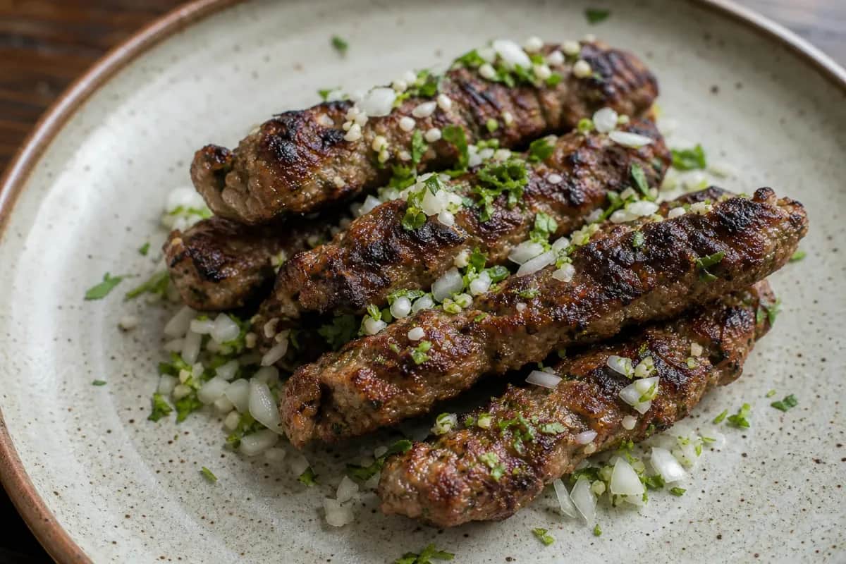 Juicy seekh kebabs with herbs, served on a plate with vibrant green chutney.