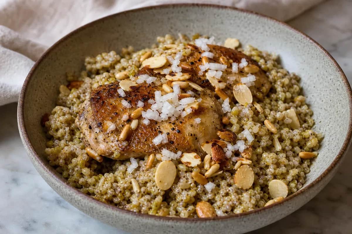 A vibrant plate of freekeh topped with chicken pieces and toasted nuts, garnished with herbs.