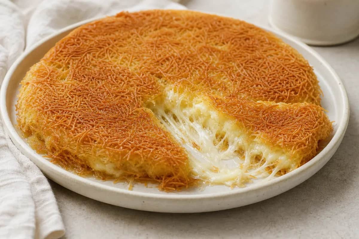 Golden layers of knafeh topped with crushed pistachios and syrup, showcasing its rich texture and sweet cheese filling.
