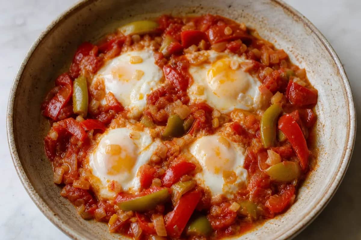 Vibrant shakshuka topped with poached eggs, tomatoes, and bell peppers served in a skillet.