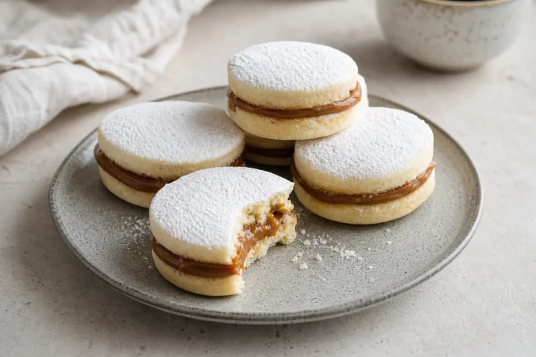 Two layers of alfajores filled with creamy dulce de leche, dusted with powdered sugar on a plate.