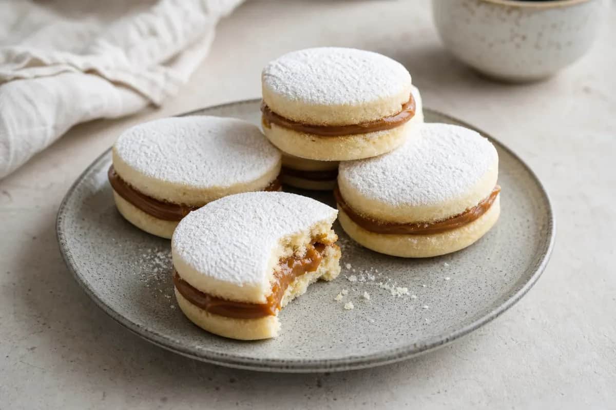 Two layers of alfajores filled with creamy dulce de leche, dusted with powdered sugar on a plate.