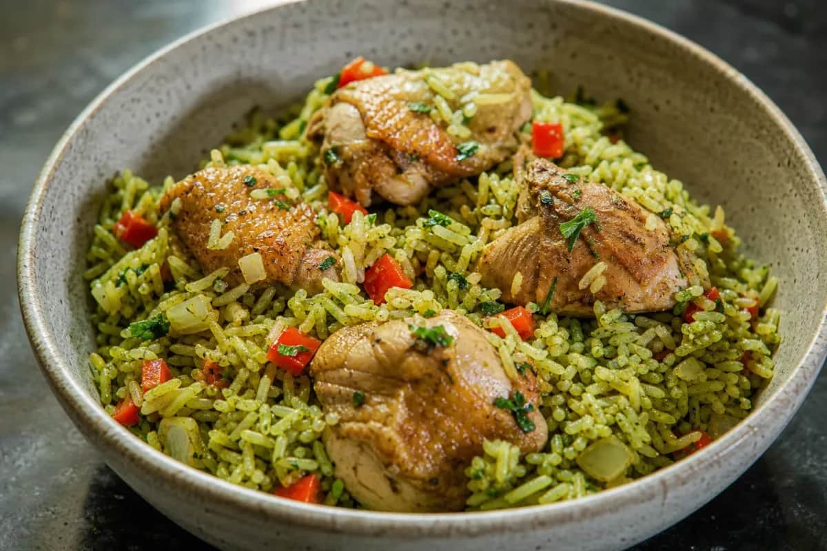 A colorful plate of Peruvian Arroz con Pollo garnished with cilantro, showcasing chicken, rice, and vibrant vegetables.