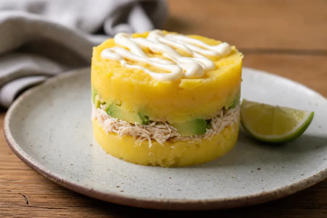 Layered causa rellena showcasing vibrant yellow potato, shredded chicken, and green avocado on a plate.