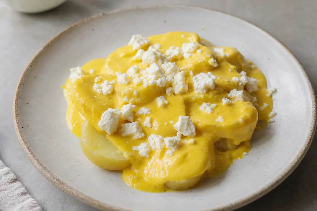 Layered slices of yellow potatoes topped with a creamy yellow sauce, garnished with olives and parsley.