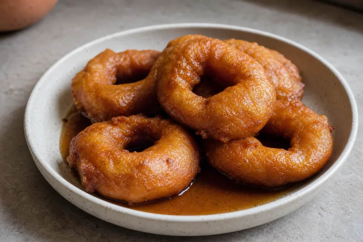 Golden-brown picarones served with glistening chancaca syrup and a sprinkle of sesame seeds.