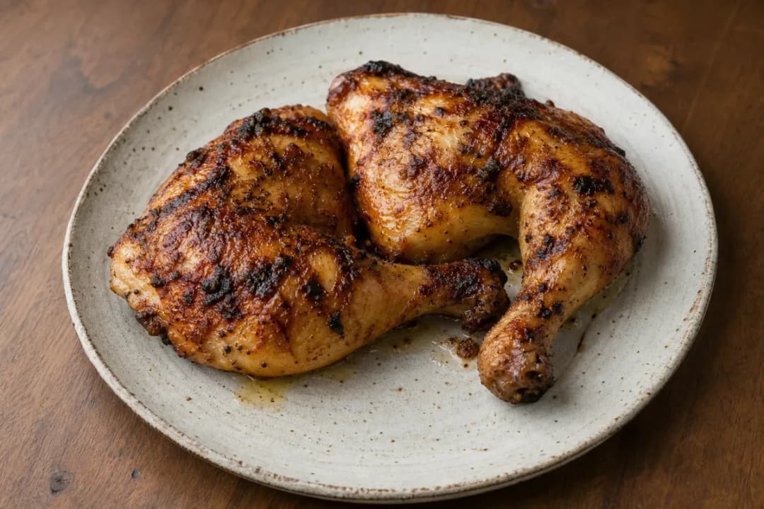 Juicy roasted chicken with golden skin, garnished with fresh herbs and served with dipping sauces.