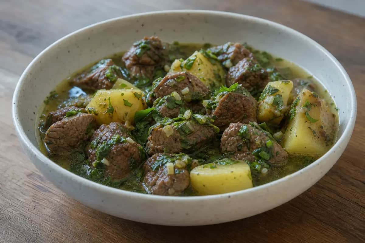 A hearty bowl of Seco de Carne featuring tender beef, cilantro, and potatoes garnished with fresh herbs.